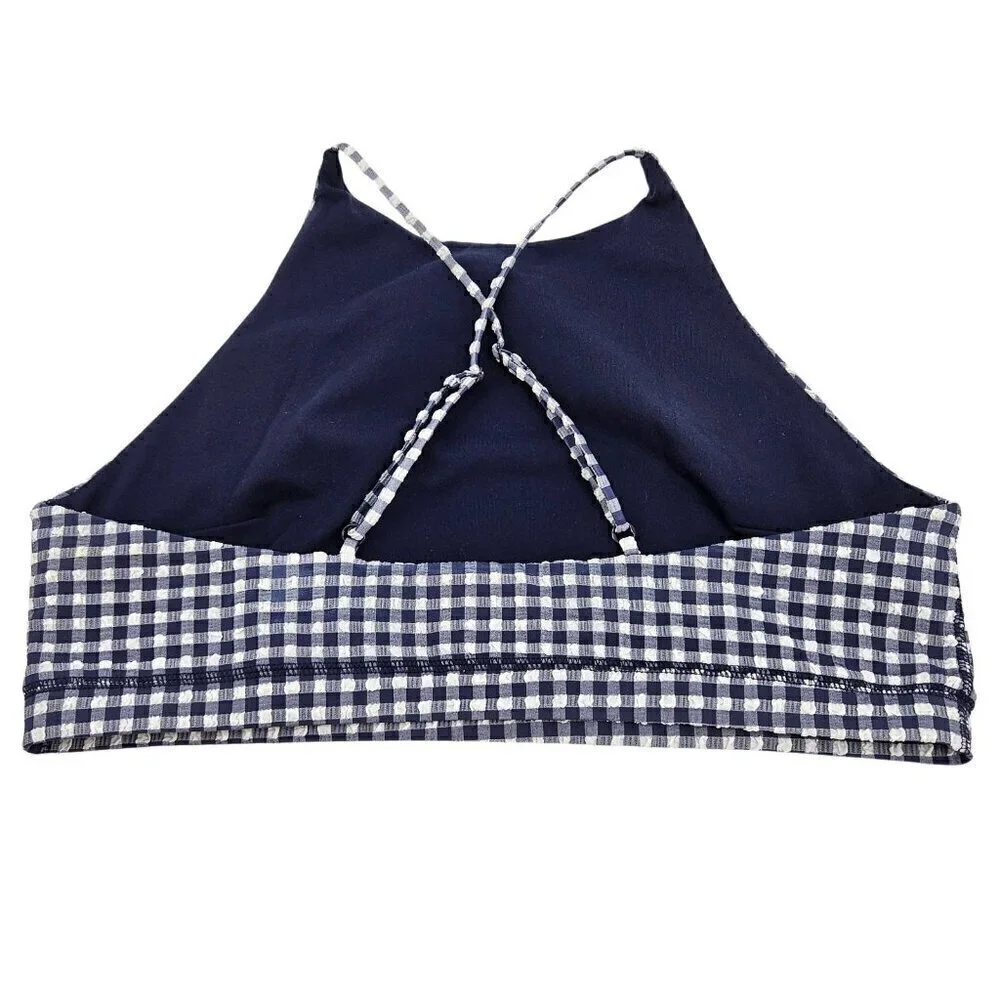 J. Crew Puckered Gingham Sports Bra Blue Women's Size XL High Neck Athleisure
